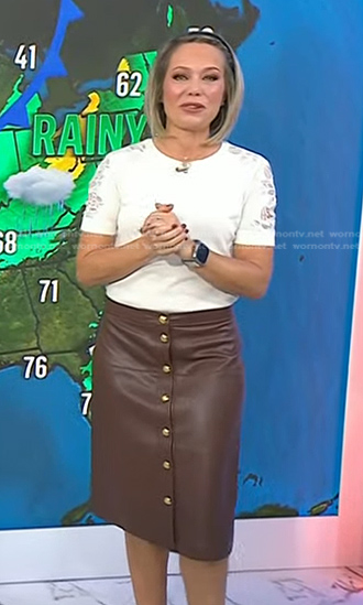 Dylan's white lace sleeve top and brown leather skirt on Today