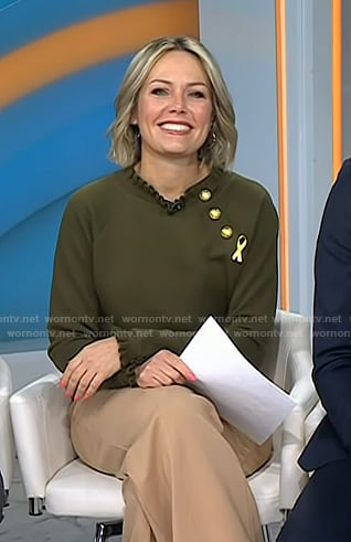 Dylan's green ruffle trim top with gold buttons on Today