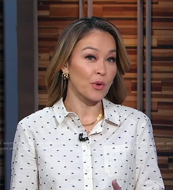 Eva’s ivory dot embroidered shirt and blue skirt on Good Morning America