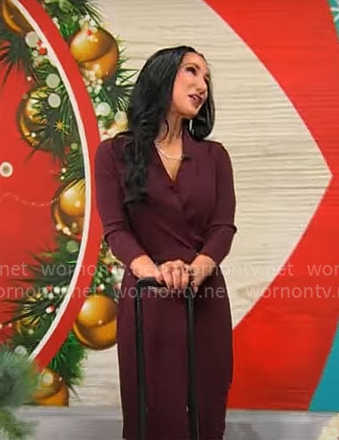 Elizabeth Werner's burgundy wrap dress on CBS Mornings