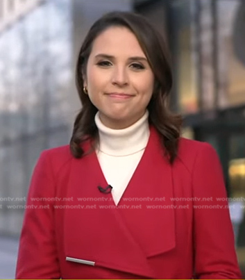 Elizabeth Schulze’s red wrap coat on Good Morning America