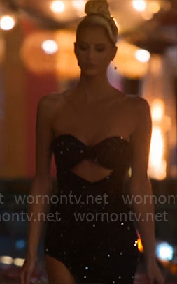 Emma's black sequin strapless dress with cutout on Selling Sunset