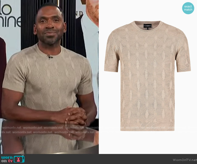 Emporio Armani Embossed textured Lyocell-blend jumper with an op-art motif worn by Justin Sylvester on E! News