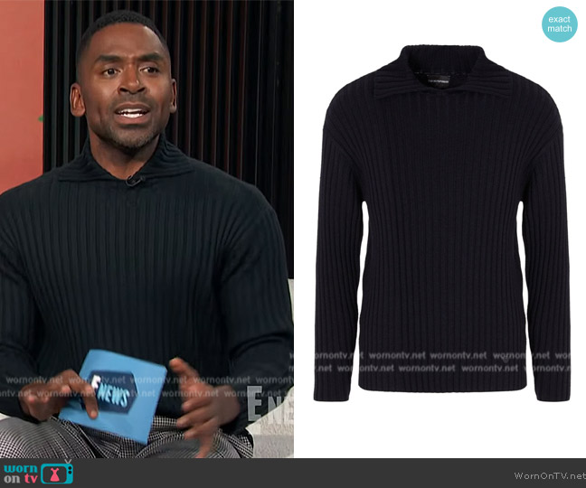 Emporio Armani split-neck ribbed-knit jumper worn by Justin Sylvester on E! News