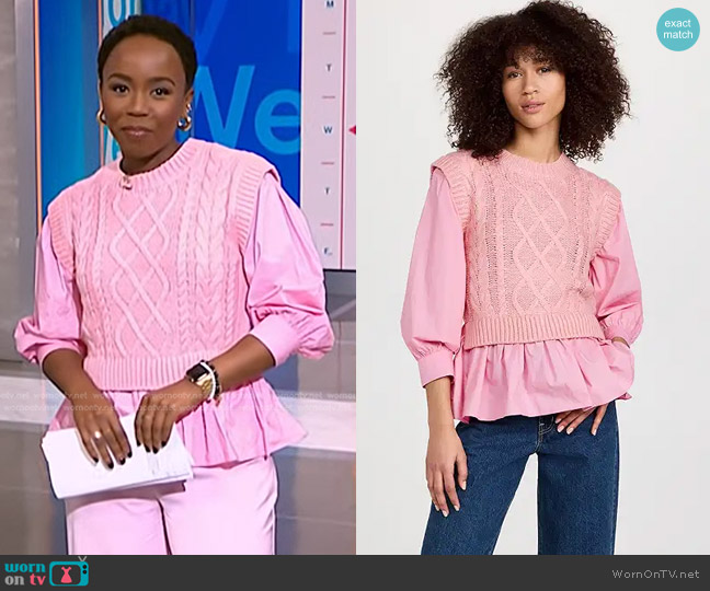 English Factory Mixed Media Cable Detail Sweater worn by Zinhle Essamuah on NBC News Daily