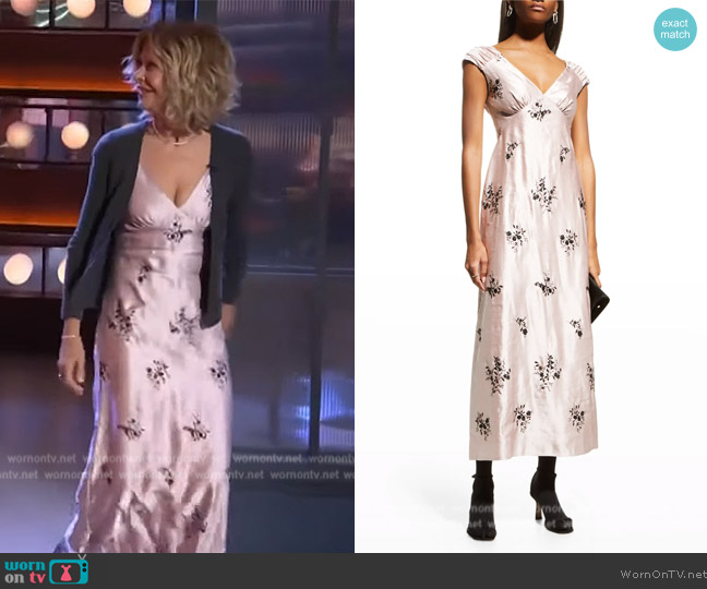 Erdem Garnet Floral-Print Satin Slip Dress worn by Meg Ryan on The Kelly Clarkson Show