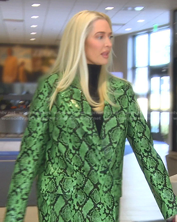 Erika's green snakeskin coat and pants on The Real Housewives of Beverly Hills
