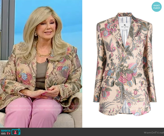 Etro Tree of Life jacquard blazer worn by Morgan Fairchild on Tamron Hall Show