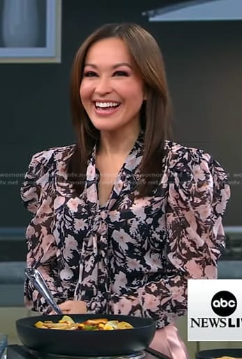 Eva's black floral blouse and pink satin pants on Good Morning America