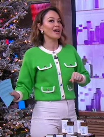 Eva’s green contrast trim cardigan on Good Morning America