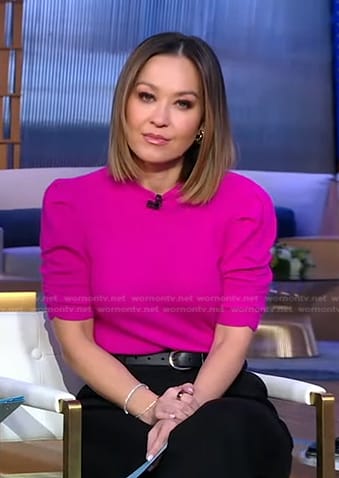 Eva’s pink puff sleeve sweater on Good Morning America