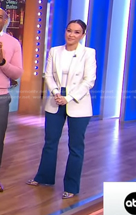 Eva's white blazer and blue flare pants on Good Morning America