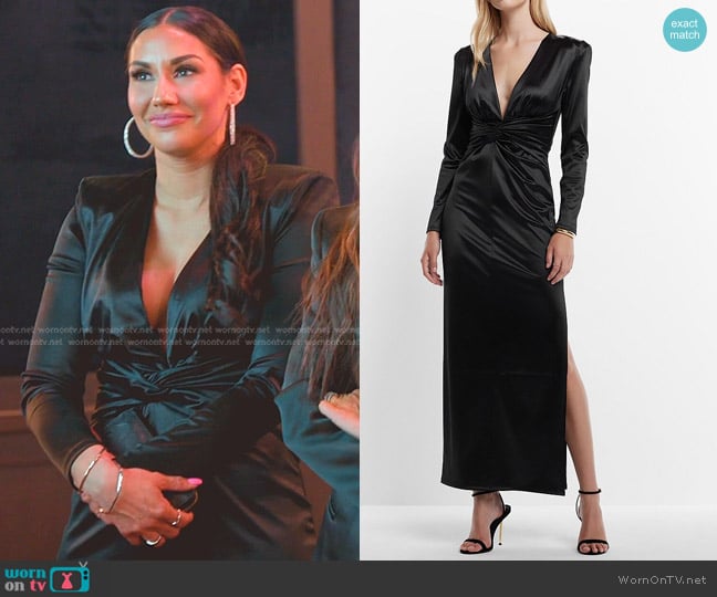 Express Satin Plunge V-Neck Padded Shoulder Twist Front Maxi Dress worn by Monica Garcia on The Real Housewives of Salt Lake City