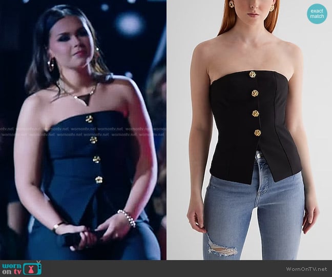 Express Strapless Novelty Button Split Hem Corset Tube Top worn by Olivia Minogue on The Voice