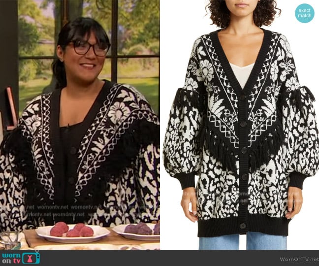 FARM Rio Pineapple Garden Jacquard Bubble Sleeve Cardigan worn by Sohla El-Waylly on The Drew Barrymore Show