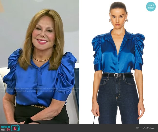 Frame Gillian Three-Quarter Sleeve Silk Button-Up Shirt in Slate Blue worn by Marlo Thomas on Today