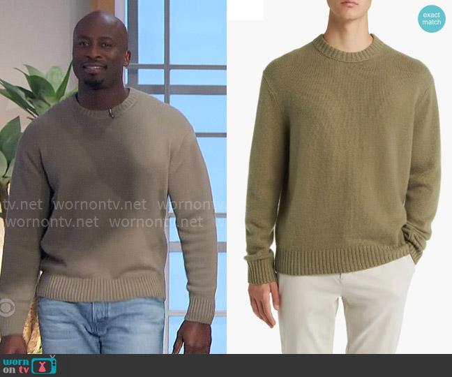 Frame Cashmere Crewneck Sweater in Khaki Green worn by Akbar Gbajabiamila on The Talk