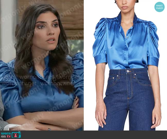 Frame Gillian Top in Slate Blue worn by Brook Lynn Quartermaine (Amanda Setton) on General Hospital