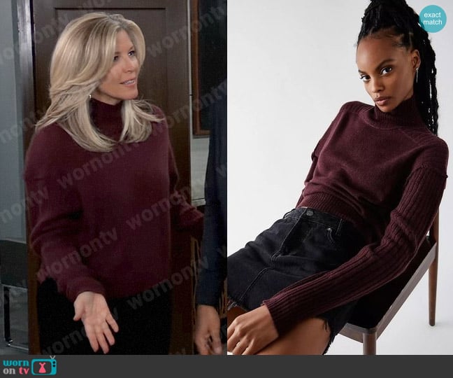 Free People Aubrey Cashmere Sweater in Windsor Wine worn by Carly Spencer (Laura Wright) on General Hospital