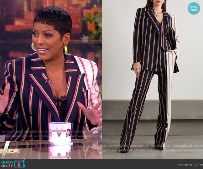 Gabriela Hearst Mccoi double-breasted striped wool and silk-blend twill blazer worn by Tamron Hall on Tamron Hall Show