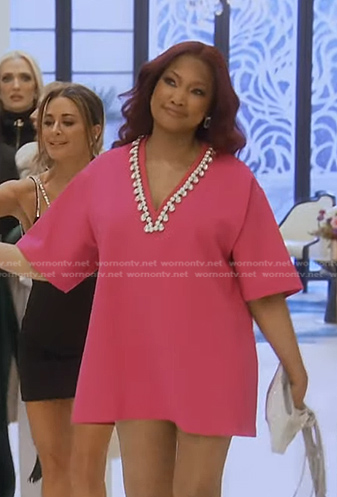 Garcelle's pink embellsihed neckline mini dress on The Real Housewives of Beverly Hills