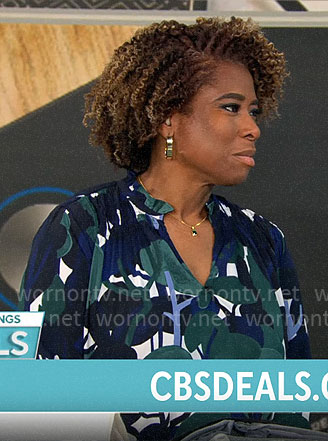 Gayle Bass' blue and green leaf print blouse on CBS Mornings