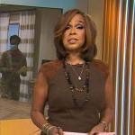 Gayle King’s brown suede shoulder dress on CBS Mornings