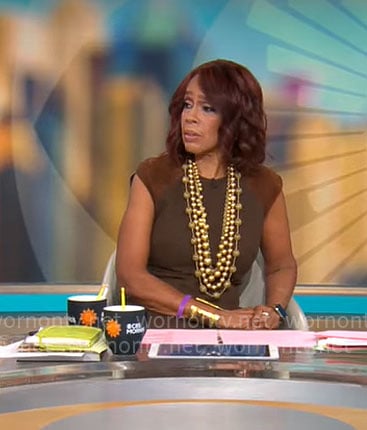 Gayle King's brown suede shoulder dress on CBS Mornings