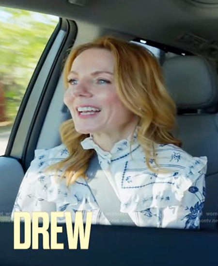 Geri Halliwell’s white floral print top on The Drew Barrymore Show