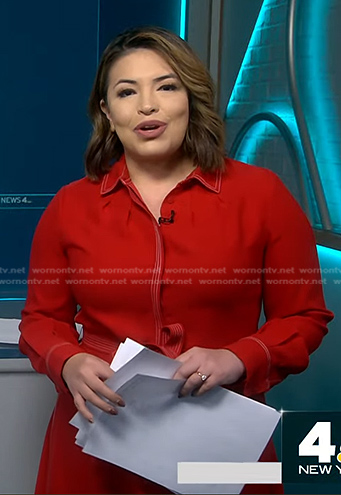 Gilma Avalos’s red shirtdress with white stitching on NBC News Daily