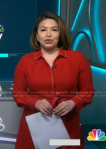 Gilma Avalos's red shirtdress with white stitching on NBC News Daily