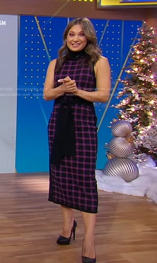 Ginger’s black and Pink plaid belted dress on Good Morning America