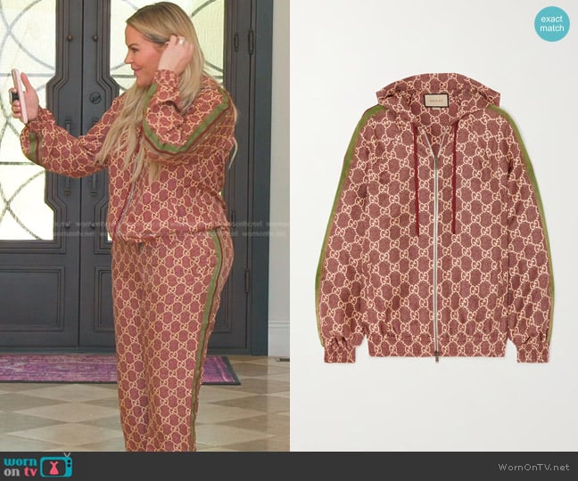 Gucci Metallic Webbing-Trimmed Printed Silk-Twill Hoodie worn by Heather Gay on The Real Housewives of Salt Lake City