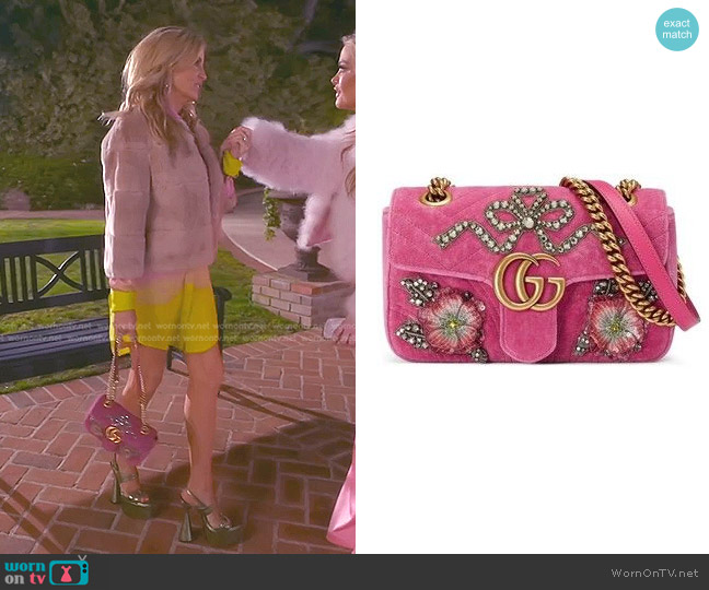 Gucci GG Marmont Matelasse Velvet Shoulder Bag worn by Camille Grammer on The Real Housewives of Beverly Hills