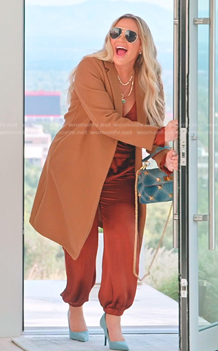 Heather's orange satin wrap top and pants on The Real Housewives of Salt Lake City