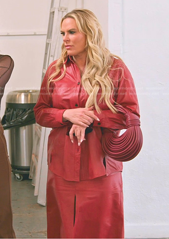 Heather's red leather shirt and skirt on The Real Housewives of Salt Lake City