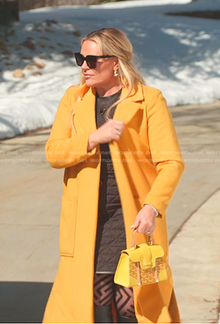 Heather's black mini dress and yellow coat on The Real Housewives of Salt Lake City