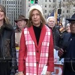 Hoda’s red coat and plaid wool scarf on Today