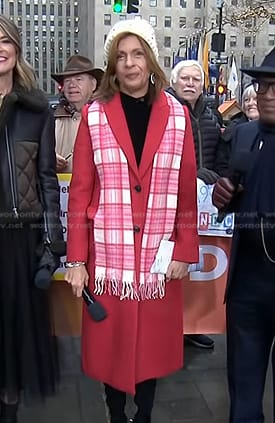 Hoda's red coat and plaid wool scarf on Today