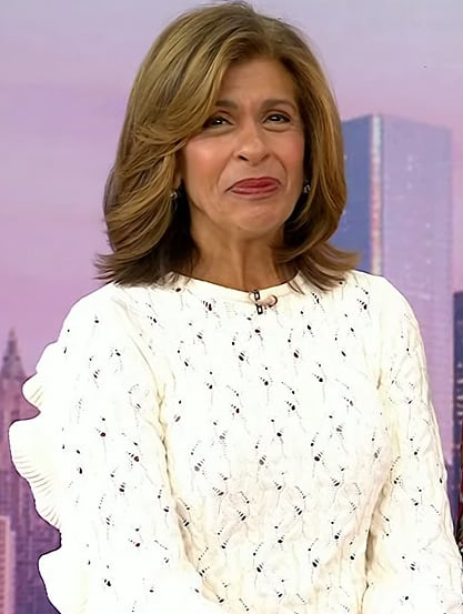 Hoda's white open knit ruffle sweater on Today