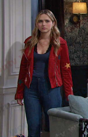 Holly's red star suede jacket and jeans on Days of our Lives