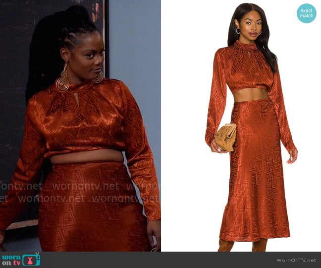 WornOnTV: Sabrina’s orange satin crop blouse and skirt set on Tyler ...