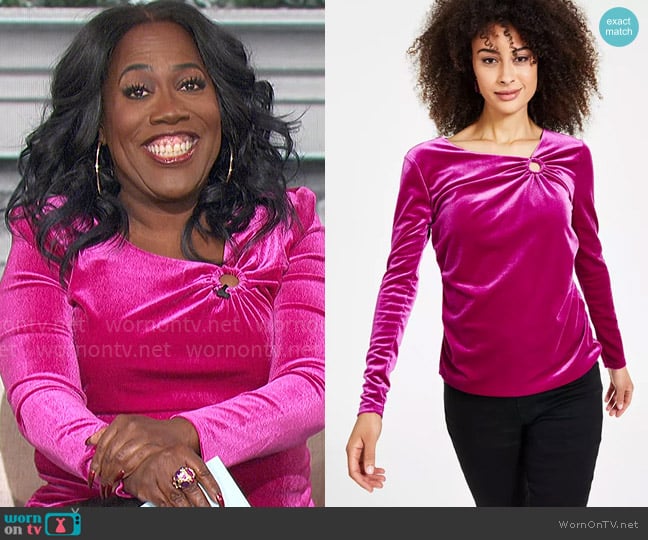 INC International Concepts Velvet O-Ring Top in Burnished Berry worn by Sheryl Underwood on The Talk