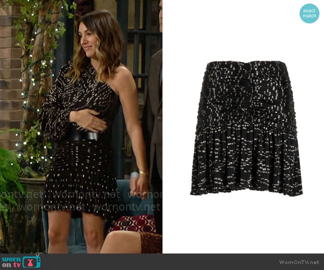 IRO Riham polka-dot draped miniskirt worn by Chloe Mitchell (Elizabeth Hendrickson) on The Young and the Restless