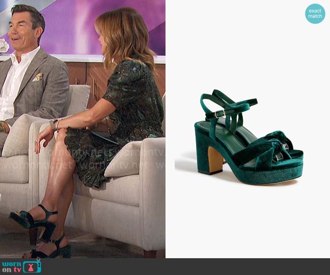 J. Crew Velvet platform heels in Academic Green worn by Natalie Morales on The Talk