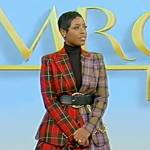 Jenne’s mixed plaid blazer and mini skirt on Tamron Hall Show