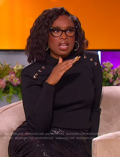 Jennifer’s black button shoulder sweater and sequin skirt on The Jennifer Hudson Show