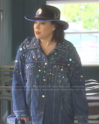 Jennifer Tilly's gemstone embellished denim jacket on The Real Housewives of Beverly Hills