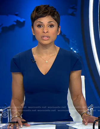 Jericka's blue v-neck cap sleeve dress on CBS Evening News