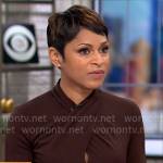 Jericka Duncan’s brown crossed neck dress on CBS Mornings